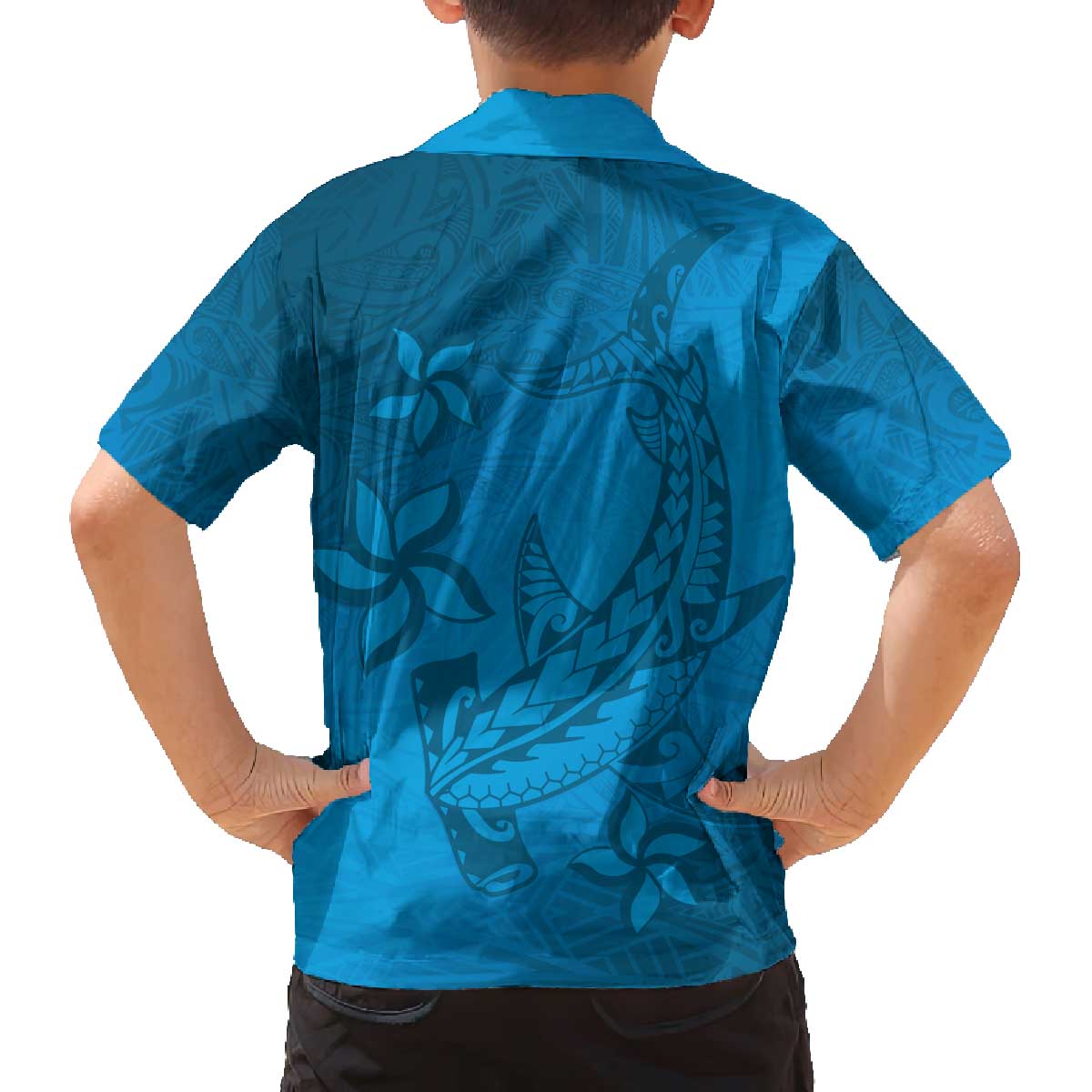 Blue Gradient Polynesia Family Matching Off The Shoulder Long Sleeve Dress and Hawaiian Shirt Hawaiian Tribal Hammerhead Shark Tattoo LT14 - Polynesian Pride