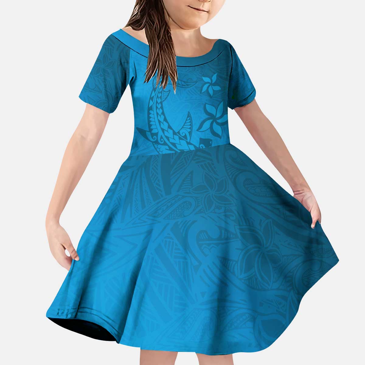 Blue Gradient Polynesia Family Matching Puletasi and Hawaiian Shirt Hawaiian Tribal Hammerhead Shark Tattoo LT14 Daughter's Dress Blue - Polynesian Pride