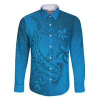 Blue Gradient Polynesia Family Matching Puletasi and Hawaiian Shirt Hawaiian Tribal Hammerhead Shark Tattoo LT14 Dad's Shirt - Long Sleeve Blue - Polynesian Pride