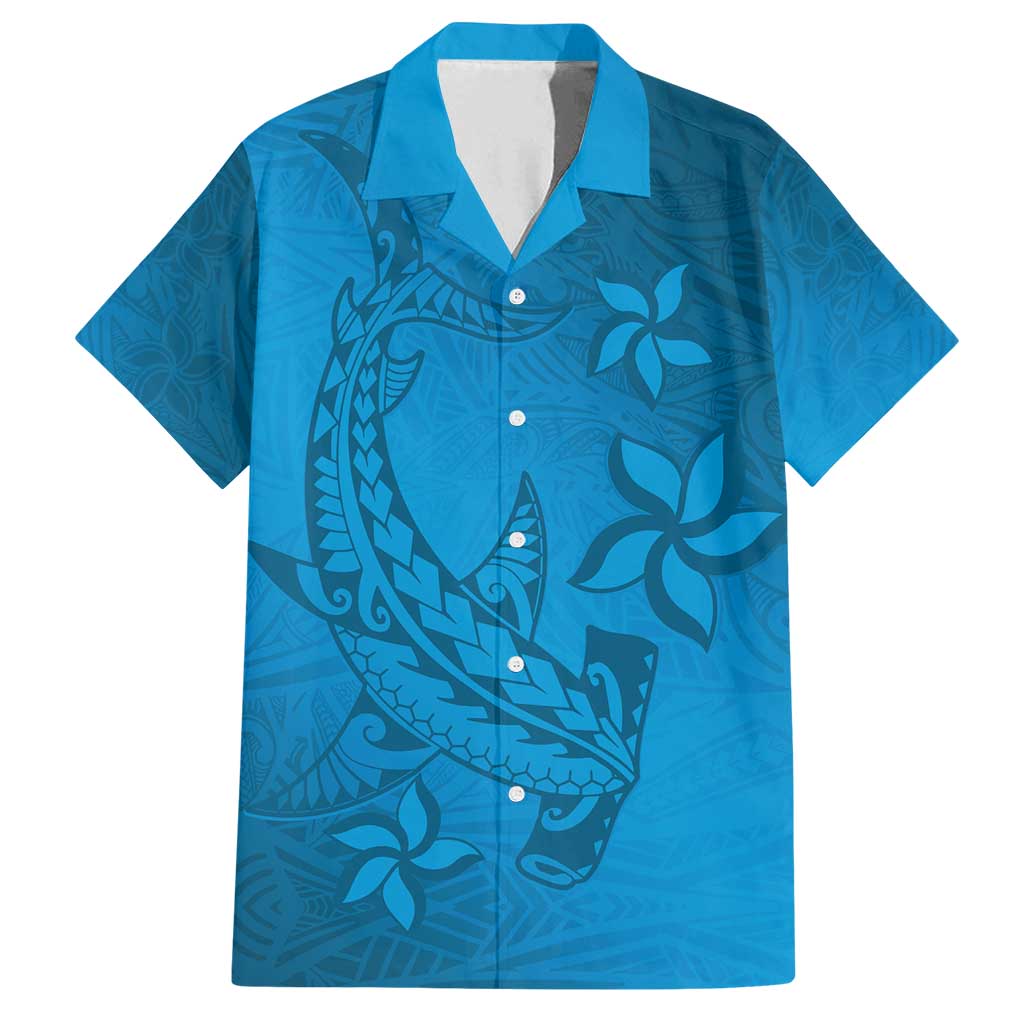 Blue Gradient Polynesia Family Matching Summer Maxi Dress and Hawaiian Shirt Hawaiian Tribal Hammerhead Shark Tattoo LT14 Dad's Shirt - Short Sleeve Blue - Polynesian Pride