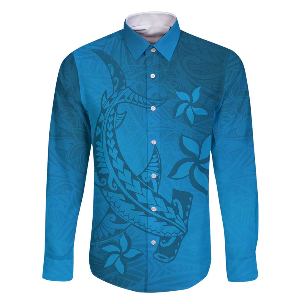 Blue Gradient Polynesia Family Matching Summer Maxi Dress and Hawaiian Shirt Hawaiian Tribal Hammerhead Shark Tattoo LT14 Dad's Shirt - Long Sleeve Blue - Polynesian Pride