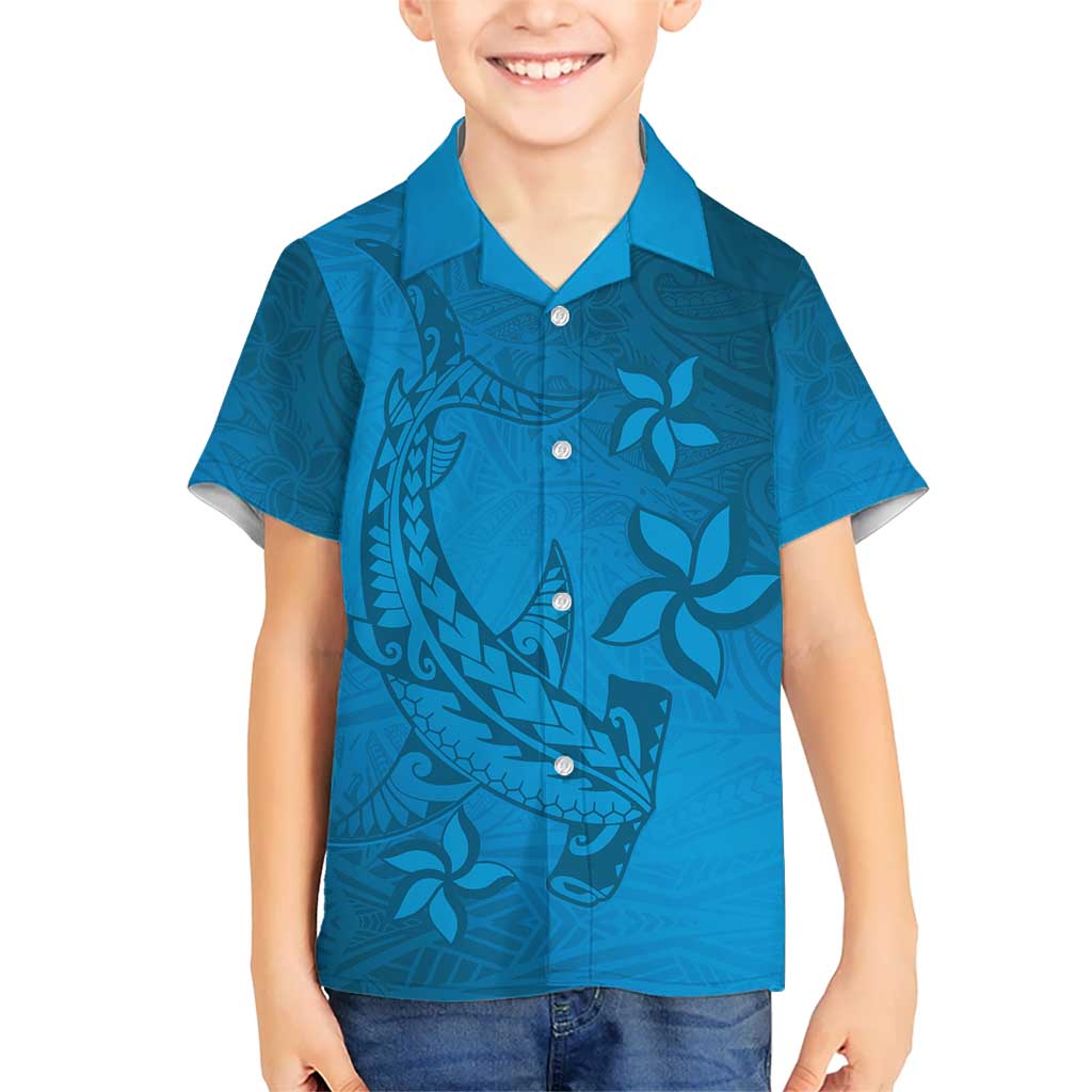 Blue Gradient Polynesia Kid Hawaiian Shirt Hawaiian Tribal Hammerhead Shark Tattoo