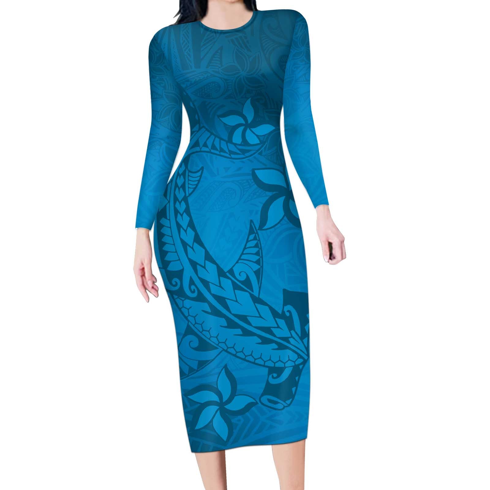 Blue Gradient Polynesia Long Sleeve Bodycon Dress Hawaiian Tribal Hammerhead Shark Tattoo LT14 Long Dress Blue - Polynesian Pride
