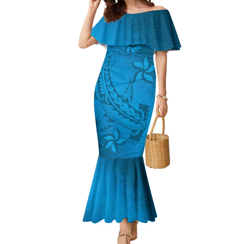 Blue Gradient Polynesia Mermaid Dress Hawaiian Tribal Hammerhead Shark Tattoo LT14 Women Blue - Polynesian Pride