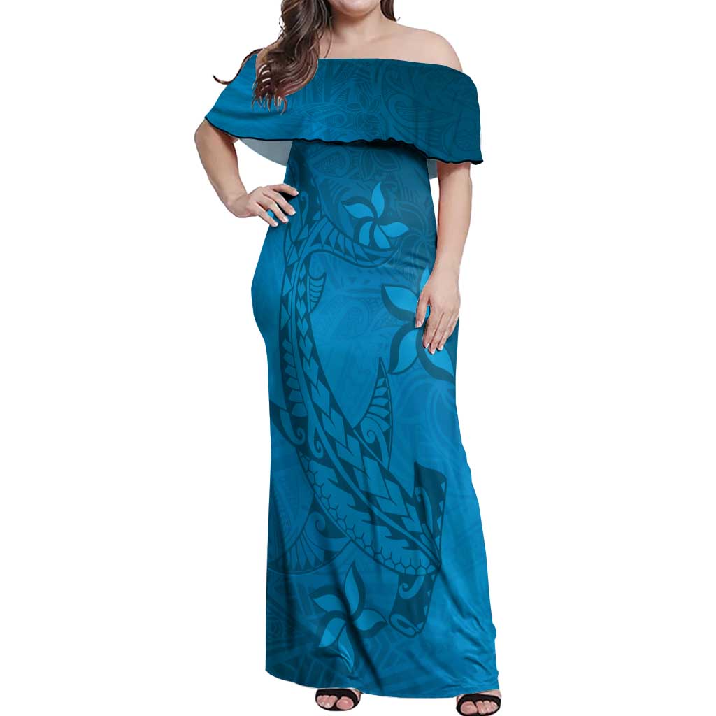Blue Gradient Polynesia Off Shoulder Maxi Dress Hawaiian Tribal Hammerhead Shark Tattoo LT14 Women Blue - Polynesian Pride