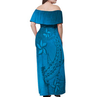 Blue Gradient Polynesia Off Shoulder Maxi Dress Hawaiian Tribal Hammerhead Shark Tattoo
