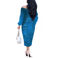 Blue Gradient Polynesia Off The Shoulder Long Sleeve Dress Hawaiian Tribal Hammerhead Shark Tattoo