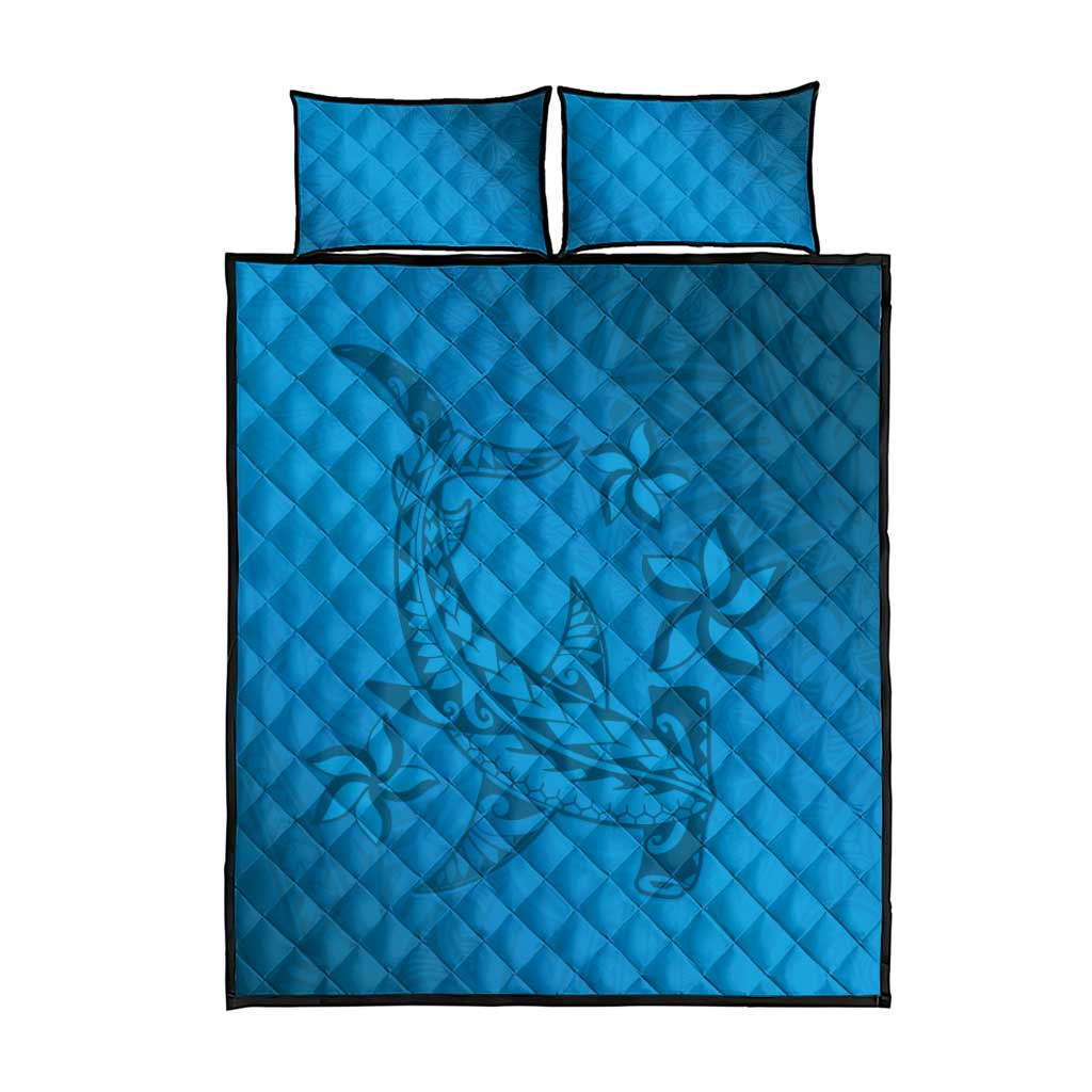 Blue Gradient Polynesia Quilt Bed Set Hawaiian Tribal Hammerhead Shark Tattoo