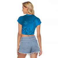Blue Gradient Polynesia Raglan Cropped T Shirt Hawaiian Tribal Hammerhead Shark Tattoo