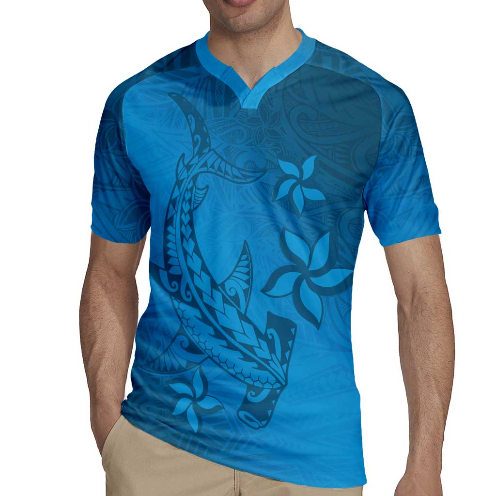 Blue Gradient Polynesia Rugby Jersey Hawaiian Tribal Hammerhead Shark Tattoo