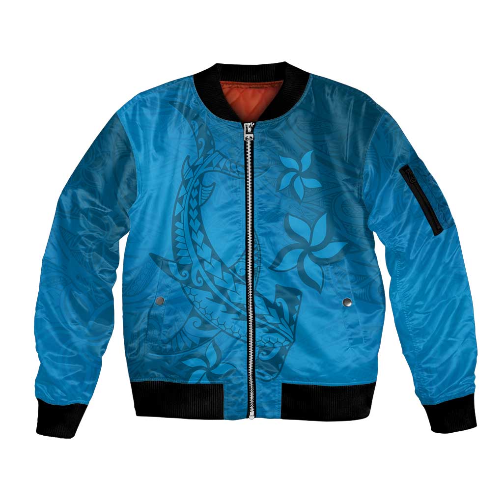 Blue Gradient Polynesia Sleeve Zip Bomber Jacket Hawaiian Tribal Hammerhead Shark Tattoo LT14 Unisex Blue - Polynesian Pride