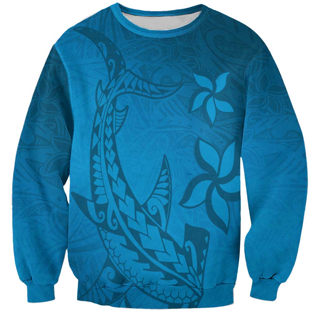 Blue Gradient Polynesia Sweatshirt Hawaiian Tribal Hammerhead Shark Tattoo