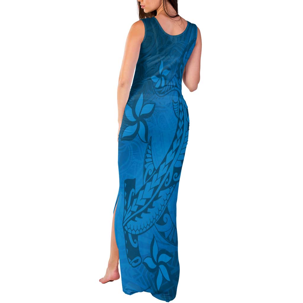 Blue Gradient Polynesia Tank Maxi Dress Hawaiian Tribal Hammerhead Shark Tattoo