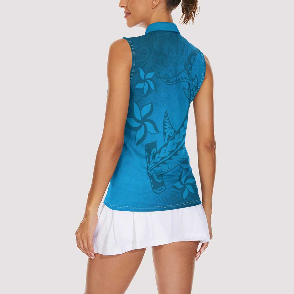 Blue Gradient Polynesia Women Sleeveless Polo Shirt Hawaiian Tribal Hammerhead Shark Tattoo