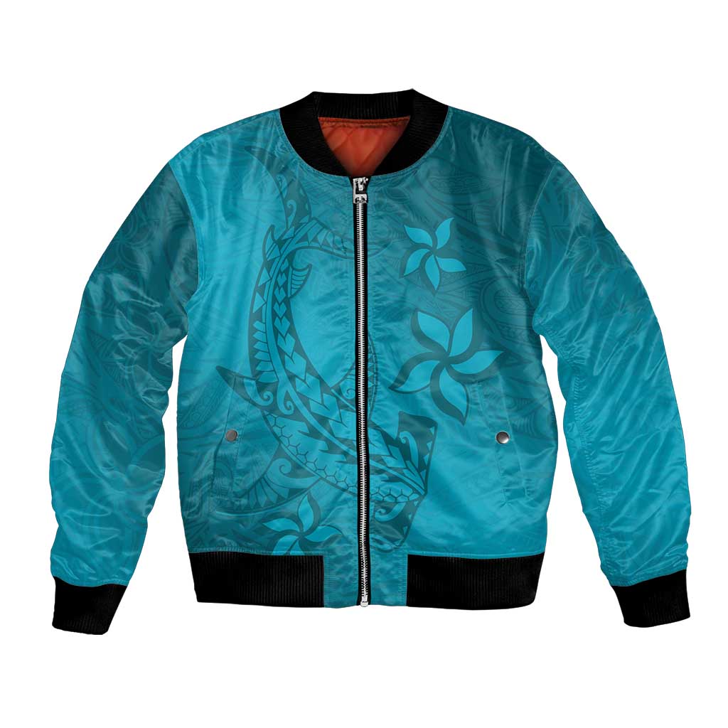 Dark Cyan Gradient Polynesia Bomber Jacket Hawaiian Tribal Hammerhead Shark Tattoo LT14 Unisex Dark Cyan - Polynesian Pride