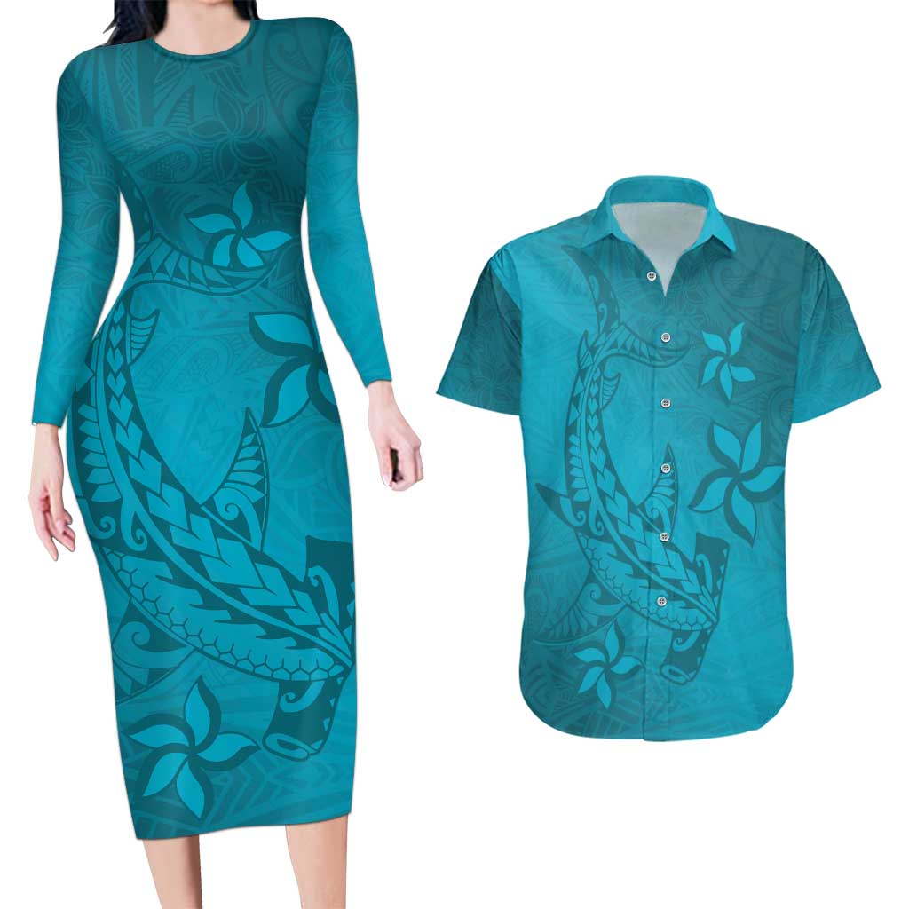 Dark Cyan Gradient Polynesia Couples Matching Long Sleeve Bodycon Dress and Hawaiian Shirt Hawaiian Tribal Hammerhead Shark Tattoo LT14 Dark Cyan - Polynesian Pride