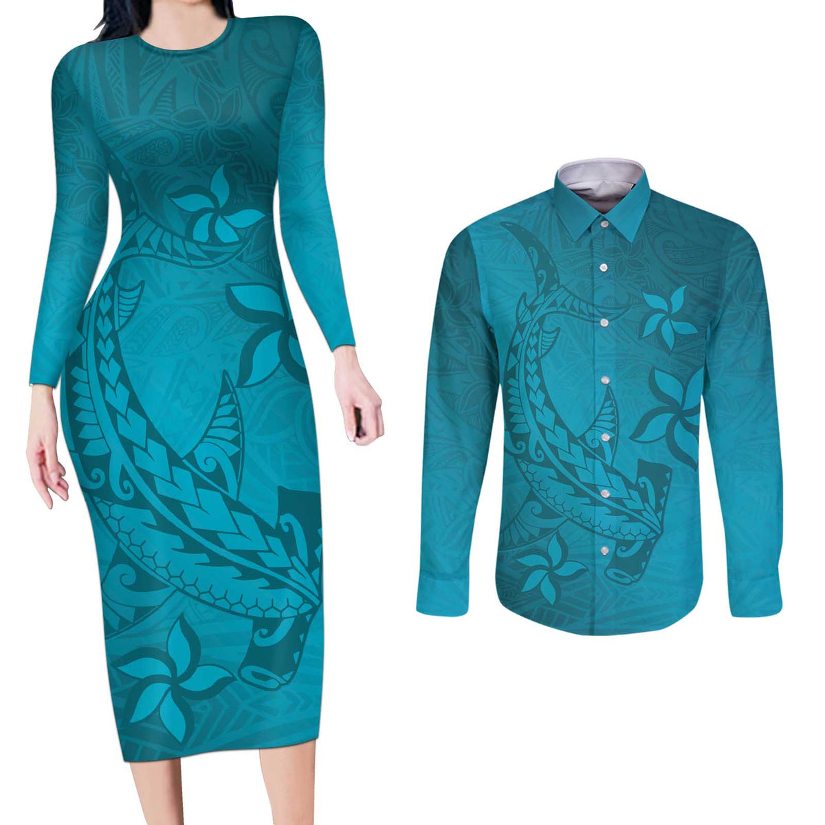 Dark Cyan Gradient Polynesia Couples Matching Long Sleeve Bodycon Dress and Long Sleeve Button Shirt Hawaiian Tribal Hammerhead Shark Tattoo