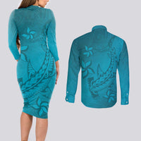Dark Cyan Gradient Polynesia Couples Matching Long Sleeve Bodycon Dress and Long Sleeve Button Shirt Hawaiian Tribal Hammerhead Shark Tattoo