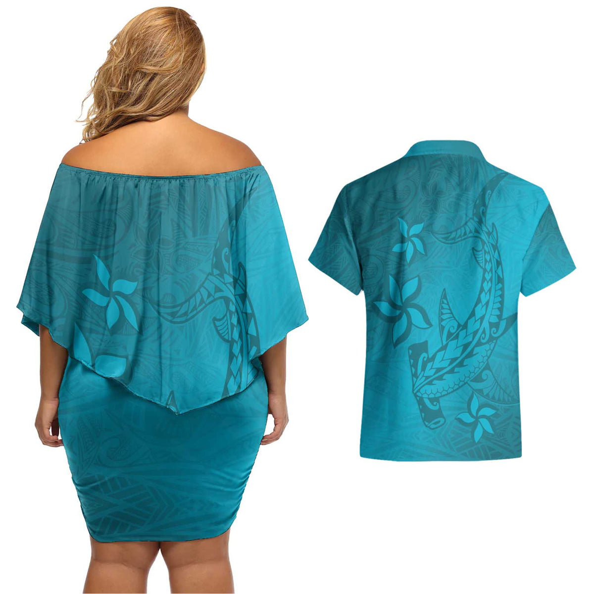 Dark Cyan Gradient Polynesia Couples Matching Off Shoulder Short Dress and Hawaiian Shirt Hawaiian Tribal Hammerhead Shark Tattoo