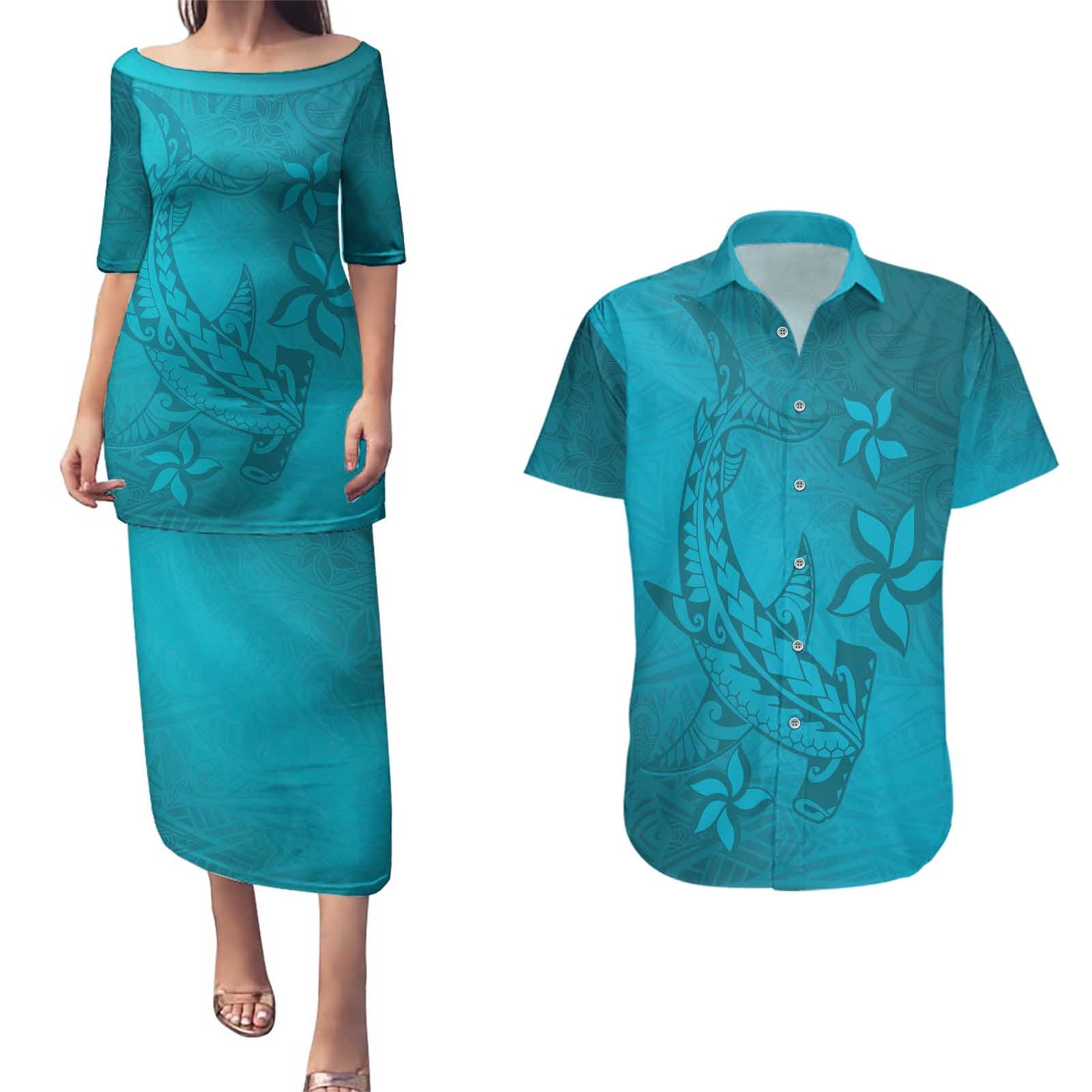 Dark Cyan Gradient Polynesia Couples Matching Puletasi and Hawaiian Shirt Hawaiian Tribal Hammerhead Shark Tattoo LT14 Dark Cyan - Polynesian Pride
