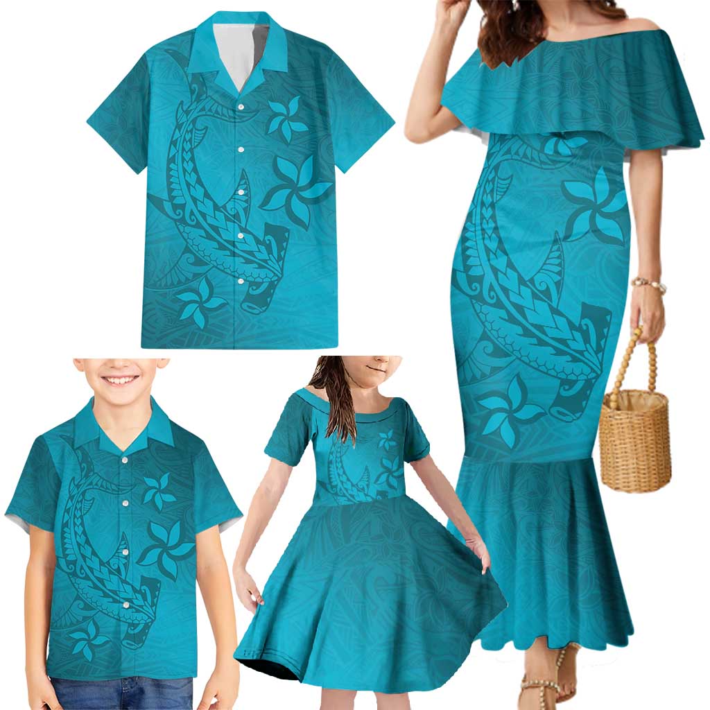 Dark Cyan Gradient Polynesia Family Matching Mermaid Dress and Hawaiian Shirt Hawaiian Tribal Hammerhead Shark Tattoo