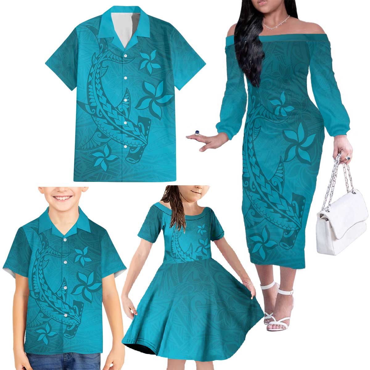 Dark Cyan Gradient Polynesia Family Matching Off The Shoulder Long Sleeve Dress and Hawaiian Shirt Hawaiian Tribal Hammerhead Shark Tattoo LT14 - Polynesian Pride