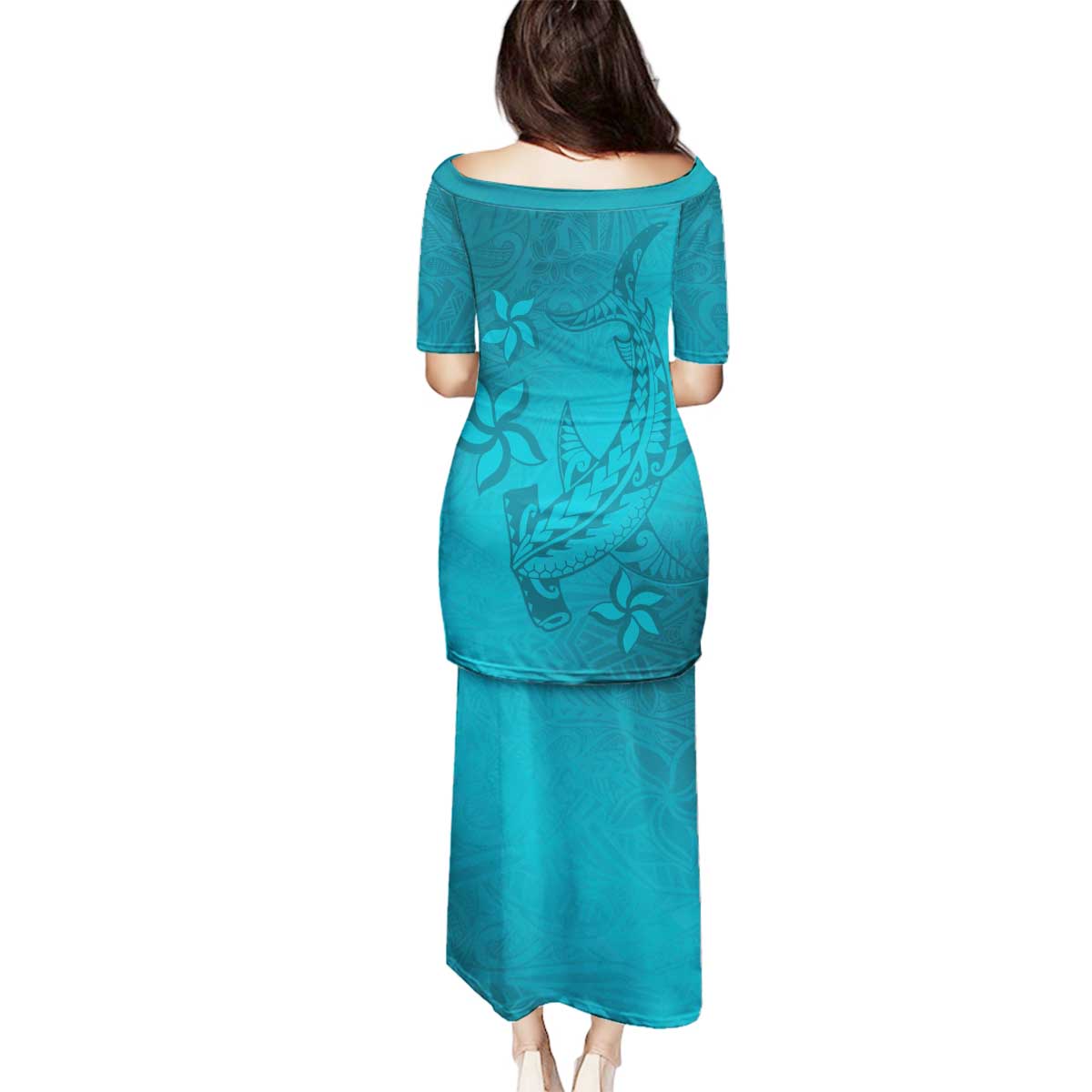 Dark Cyan Gradient Polynesia Family Matching Puletasi and Hawaiian Shirt Hawaiian Tribal Hammerhead Shark Tattoo