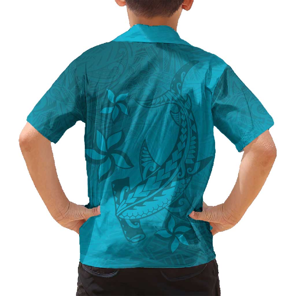 Dark Cyan Gradient Polynesia Family Matching Tank Maxi Dress and Hawaiian Shirt Hawaiian Tribal Hammerhead Shark Tattoo LT14 - Polynesian Pride