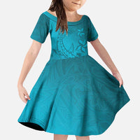 Dark Cyan Gradient Polynesia Family Matching Tank Maxi Dress and Hawaiian Shirt Hawaiian Tribal Hammerhead Shark Tattoo LT14 Daughter's Dress Dark Cyan - Polynesian Pride