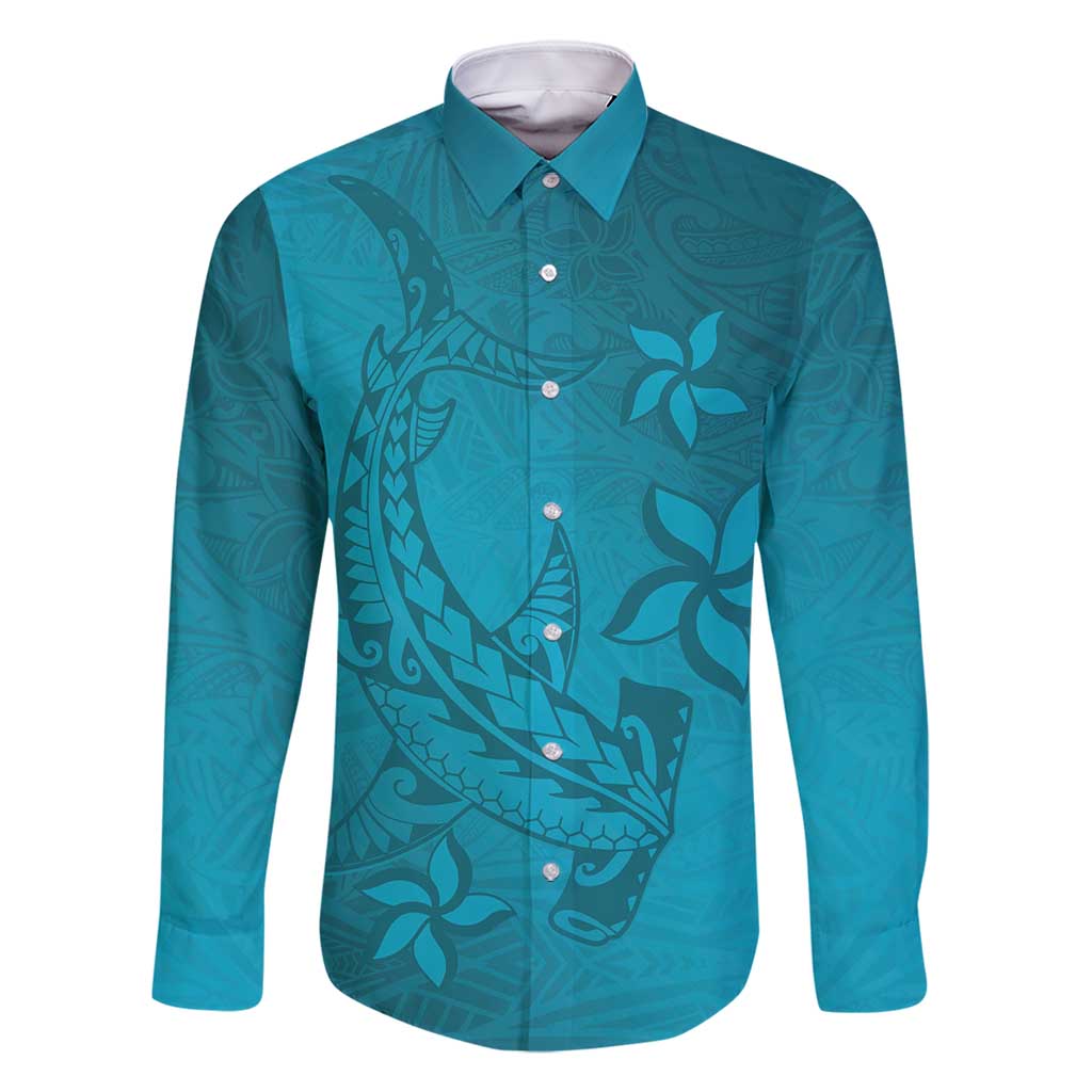 Dark Cyan Gradient Polynesia Family Matching Tank Maxi Dress and Hawaiian Shirt Hawaiian Tribal Hammerhead Shark Tattoo LT14 Dad's Shirt - Long Sleeve Dark Cyan - Polynesian Pride