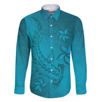 Dark Cyan Gradient Polynesia Family Matching Tank Maxi Dress and Hawaiian Shirt Hawaiian Tribal Hammerhead Shark Tattoo LT14 Dad's Shirt - Long Sleeve Dark Cyan - Polynesian Pride