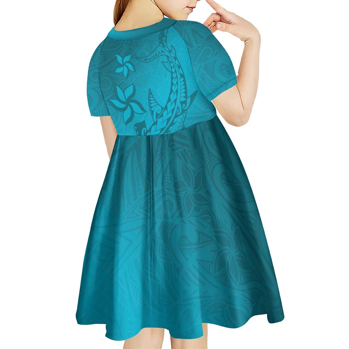 Dark Cyan Gradient Polynesia Kid Short Sleeve Dress Hawaiian Tribal Hammerhead Shark Tattoo