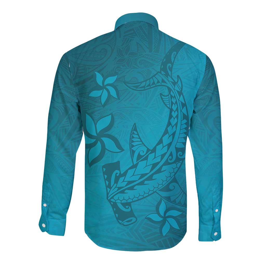 Dark Cyan Gradient Polynesia Long Sleeve Button Shirt Hawaiian Tribal Hammerhead Shark Tattoo LT14 - Polynesian Pride