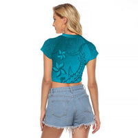 Dark Cyan Gradient Polynesia Raglan Cropped T Shirt Hawaiian Tribal Hammerhead Shark Tattoo