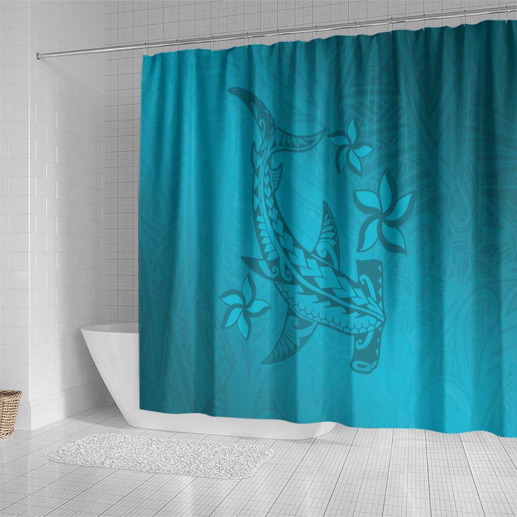 Dark Cyan Gradient Polynesia Shower Curtain Hawaiian Tribal Hammerhead Shark Tattoo
