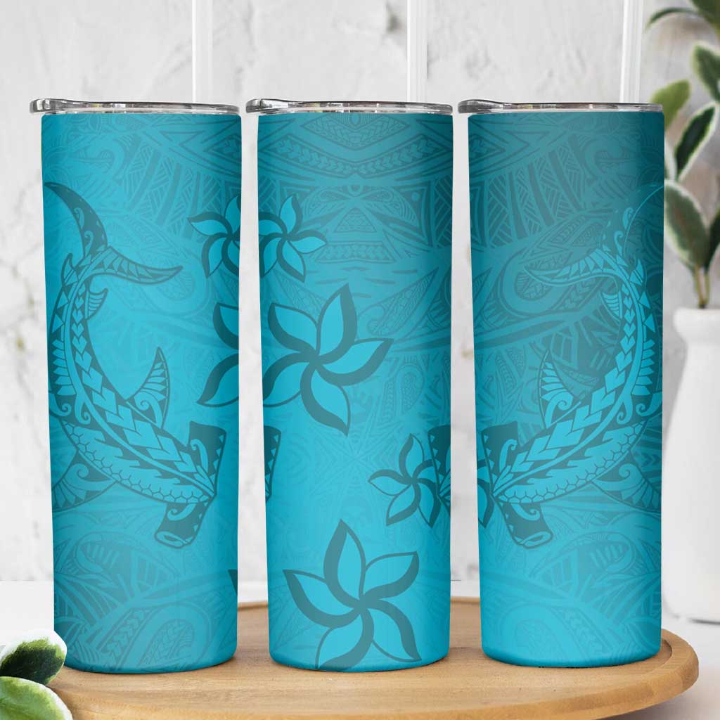 Dark Cyan Gradient Polynesia Skinny Tumbler Hawaiian Tribal Hammerhead Shark Tattoo