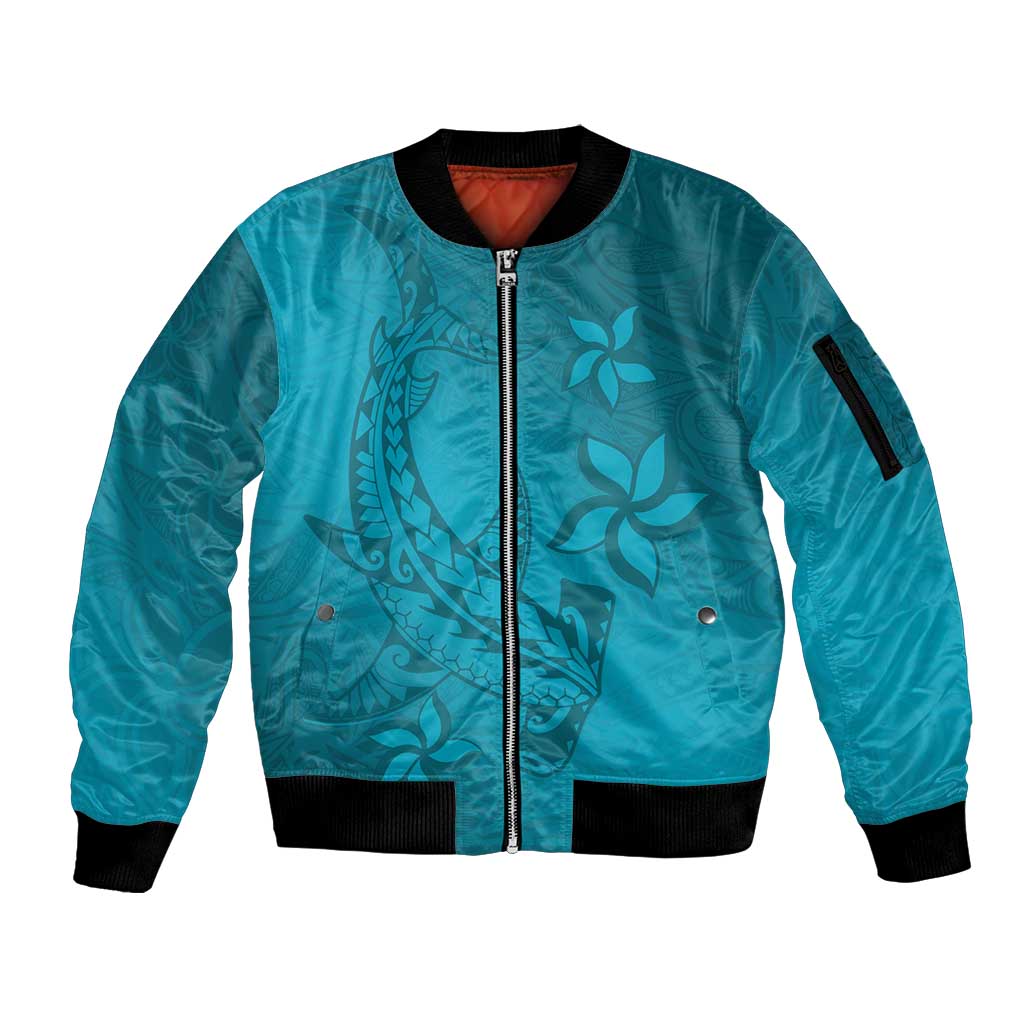 Dark Cyan Gradient Polynesia Sleeve Zip Bomber Jacket Hawaiian Tribal Hammerhead Shark Tattoo LT14 Unisex Dark Cyan - Polynesian Pride