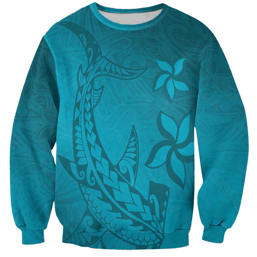 Dark Cyan Gradient Polynesia Sweatshirt Hawaiian Tribal Hammerhead Shark Tattoo