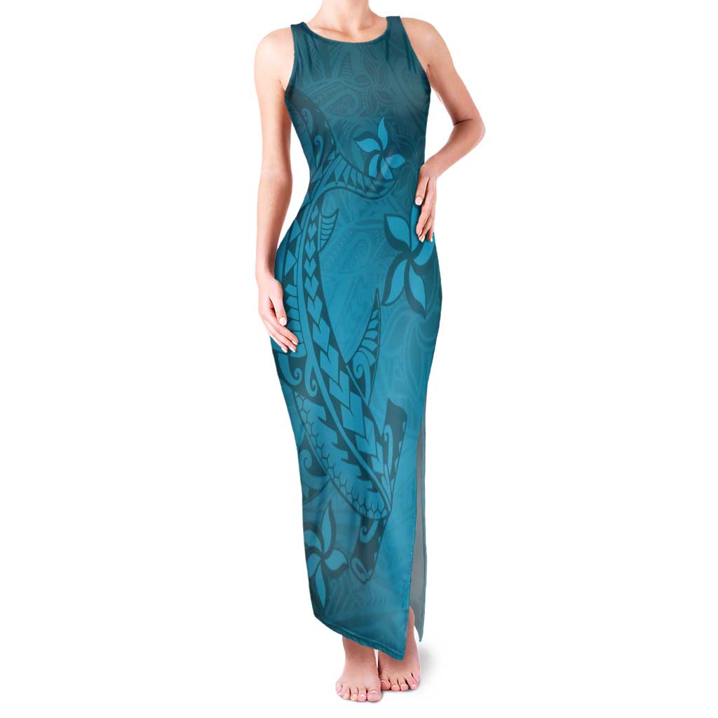Dark Cyan Gradient Polynesia Tank Maxi Dress Hawaiian Tribal Hammerhead Shark Tattoo