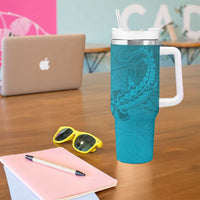 Dark Cyan Gradient Polynesia Tumbler With Handle Hawaiian Tribal Hammerhead Shark Tattoo
