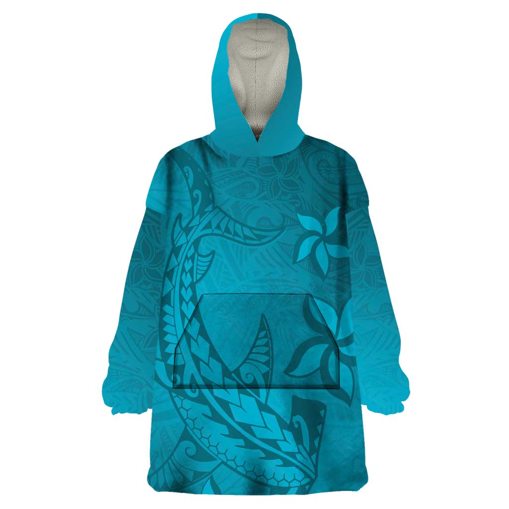 Dark Cyan Gradient Polynesia Wearable Blanket Hoodie Hawaiian Tribal Hammerhead Shark Tattoo LT14 One Size Dark Cyan - Polynesian Pride