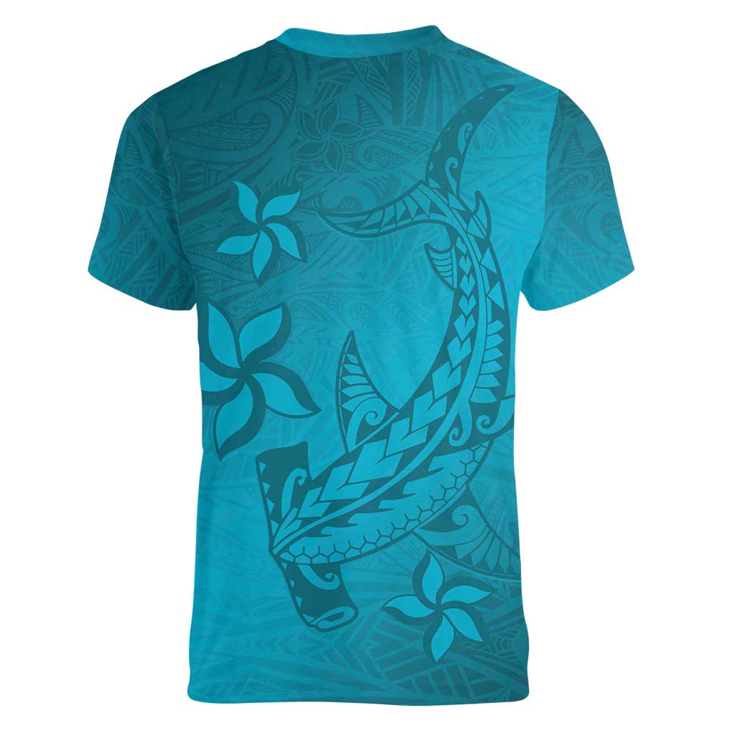 Dark Cyan Gradient Polynesia Women V-Neck T-Shirt Hawaiian Tribal Hammerhead Shark Tattoo