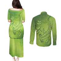 Green Gradient Polynesia Couples Matching Puletasi and Long Sleeve Button Shirt Hawaiian Tribal Hammerhead Shark Tattoo