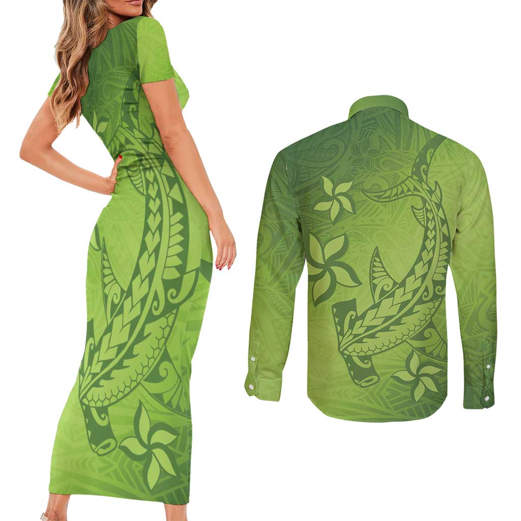 Green Gradient Polynesia Couples Matching Short Sleeve Bodycon Dress and Long Sleeve Button Shirt Hawaiian Tribal Hammerhead Shark Tattoo