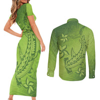 Green Gradient Polynesia Couples Matching Short Sleeve Bodycon Dress and Long Sleeve Button Shirt Hawaiian Tribal Hammerhead Shark Tattoo