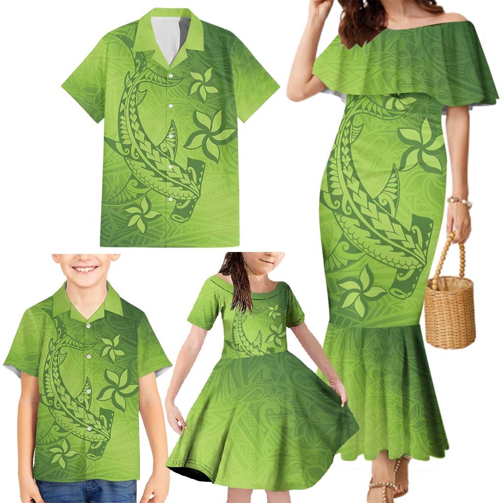Green Gradient Polynesia Family Matching Mermaid Dress and Hawaiian Shirt Hawaiian Tribal Hammerhead Shark Tattoo