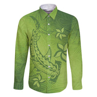 Green Gradient Polynesia Family Matching Mermaid Dress and Hawaiian Shirt Hawaiian Tribal Hammerhead Shark Tattoo LT14 Dad's Shirt - Long Sleeve Green - Polynesian Pride