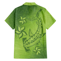 Green Gradient Polynesia Family Matching Off The Shoulder Long Sleeve Dress and Hawaiian Shirt Hawaiian Tribal Hammerhead Shark Tattoo LT14 - Polynesian Pride