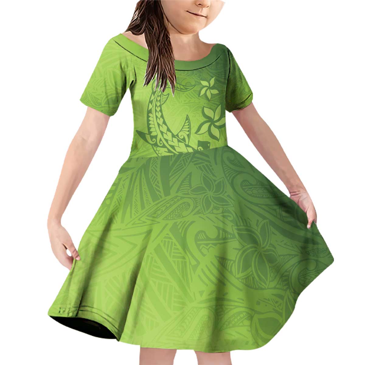 Green Gradient Polynesia Family Matching Off Shoulder Short Dress and Hawaiian Shirt Hawaiian Tribal Hammerhead Shark Tattoo