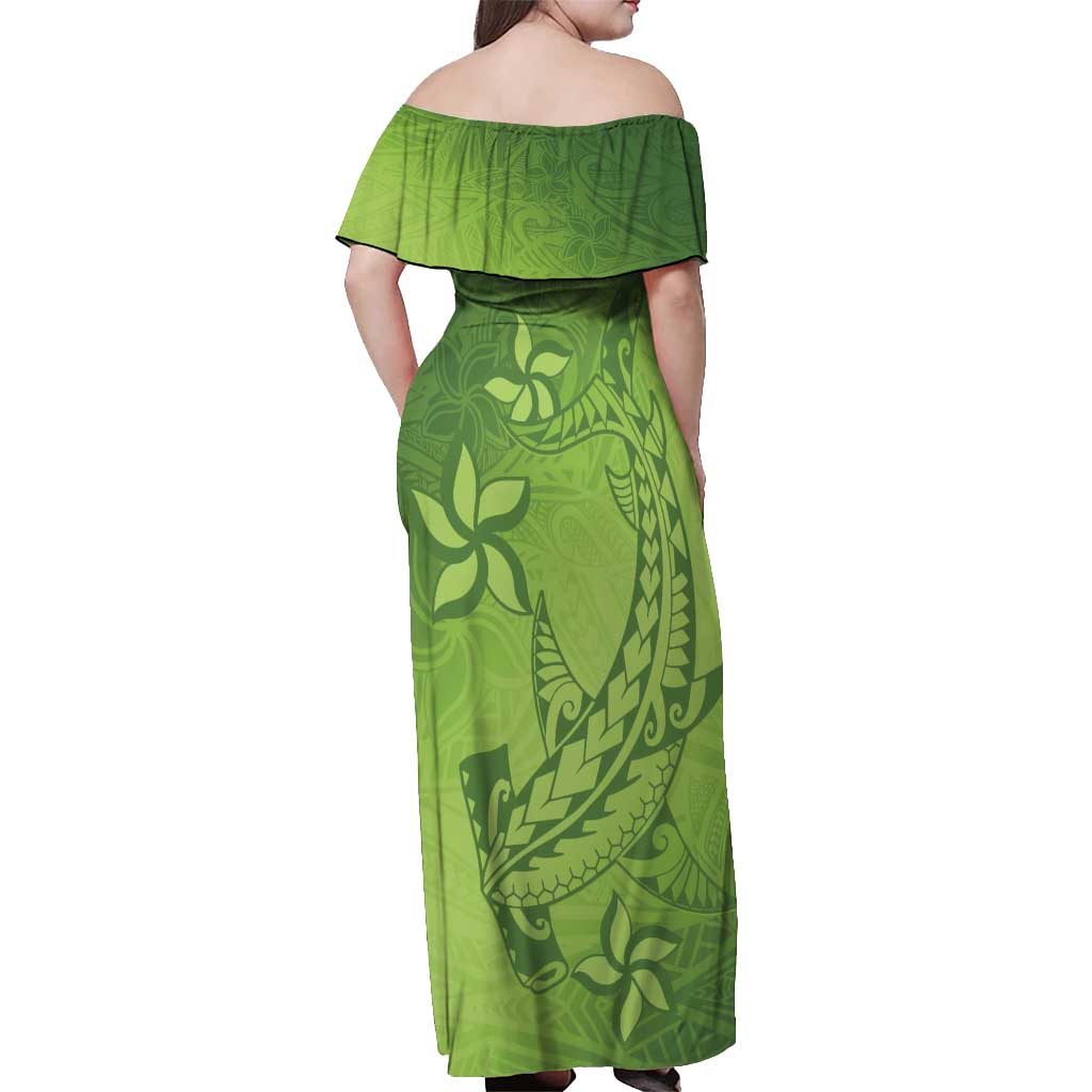 Green Gradient Polynesia Off Shoulder Maxi Dress Hawaiian Tribal Hammerhead Shark Tattoo